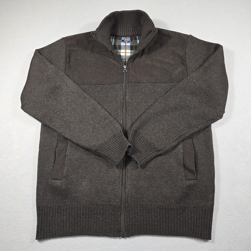 Izod Mens Large Brown Full Zip Sweater Jacket Plaid Fleece Lined Corduroy Trim - Picture 2 of 9